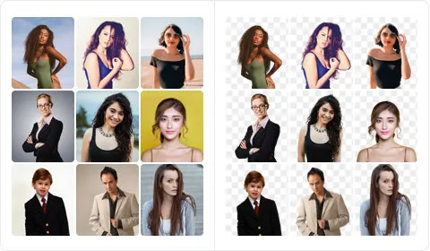 A grid of nine different headshots are shown with their original backgrounds, and then with clean, transparent backgrounds.