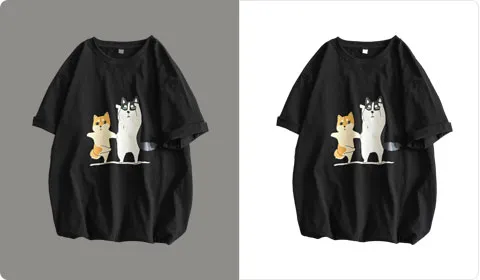 A black t-shirt with a graphic is shown on a grey background and then with the background removed for a product listing.