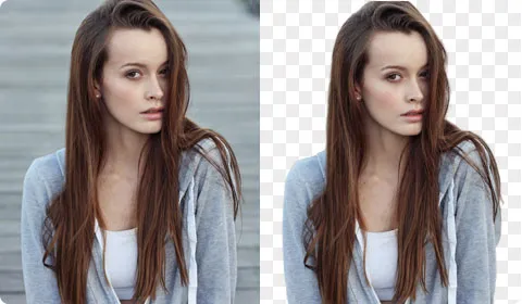 A woman is shown in an outdoor setting, and then perfectly cut out from the background to be used in a graphic design.